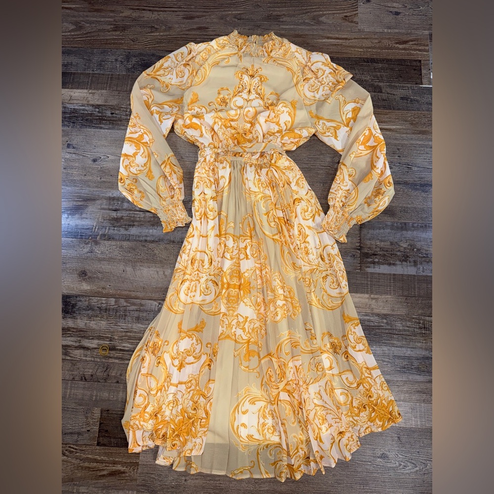 Flying Tomato Yellow Baroque Print Long Sleeve Maxi Dress - Picture 2 of 7